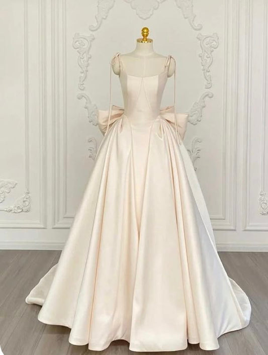Elegant A-line Spaghetti Straps Long Wedding Dress Satin White Prom Dress MD267