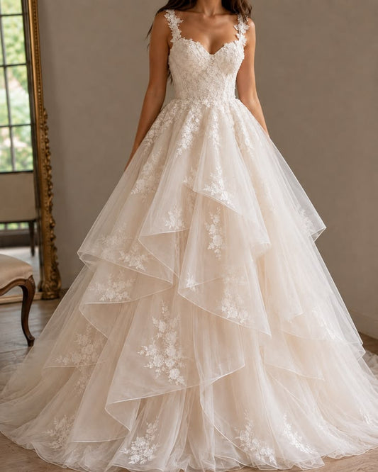 Elegant Ball Gown Spaghetti Straps Long Wedding Dress Lace Cascade White Prom Dress MD270