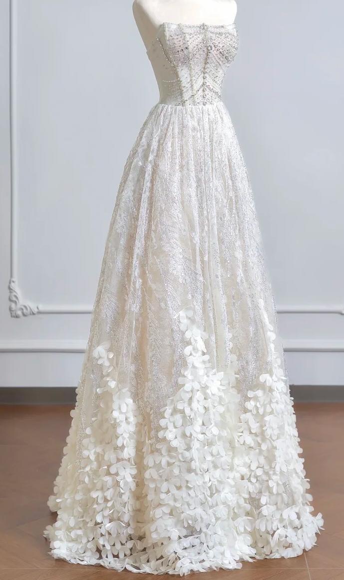 Elegant A-line Off-the-Shoulder Long Wedding Dress Lace White Prom Dress MD272