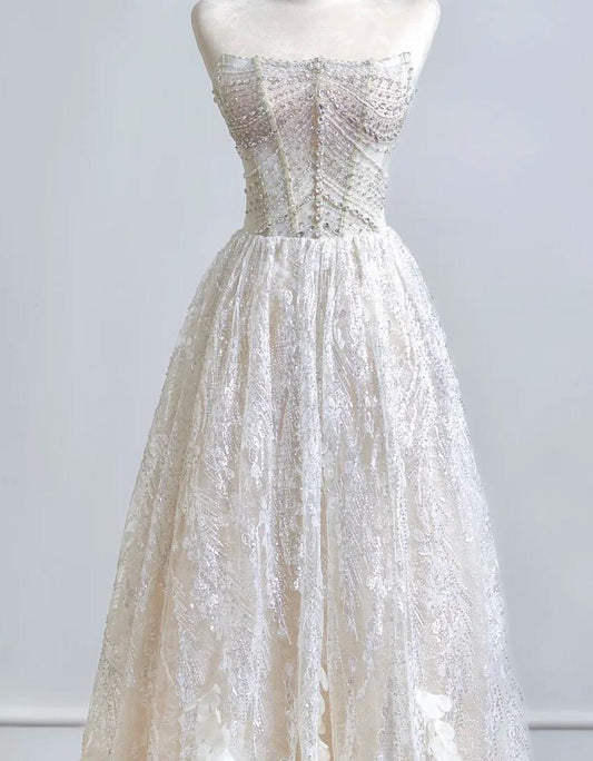 Elegant A-line Off-the-Shoulder Long Wedding Dress Lace White Prom Dress MD272