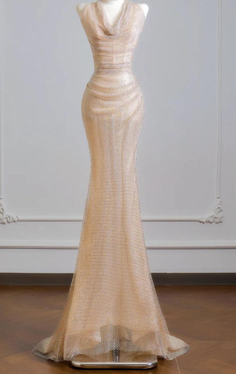 Elegant Mermaid V Neck Champagne Long Evening Dress Tulle Prom Dress MD273