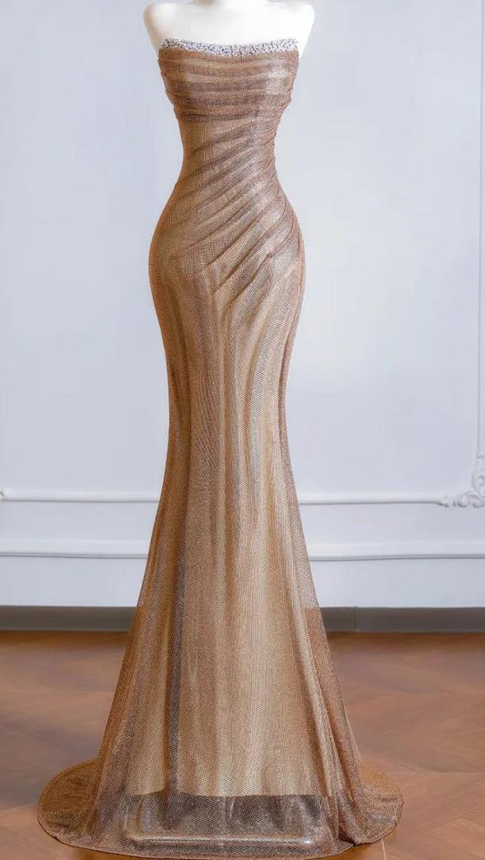Elegant Mermaid Off-the-Shoulder Champagne Long Evening Dress Pleated Tulle Prom Dress MD274
