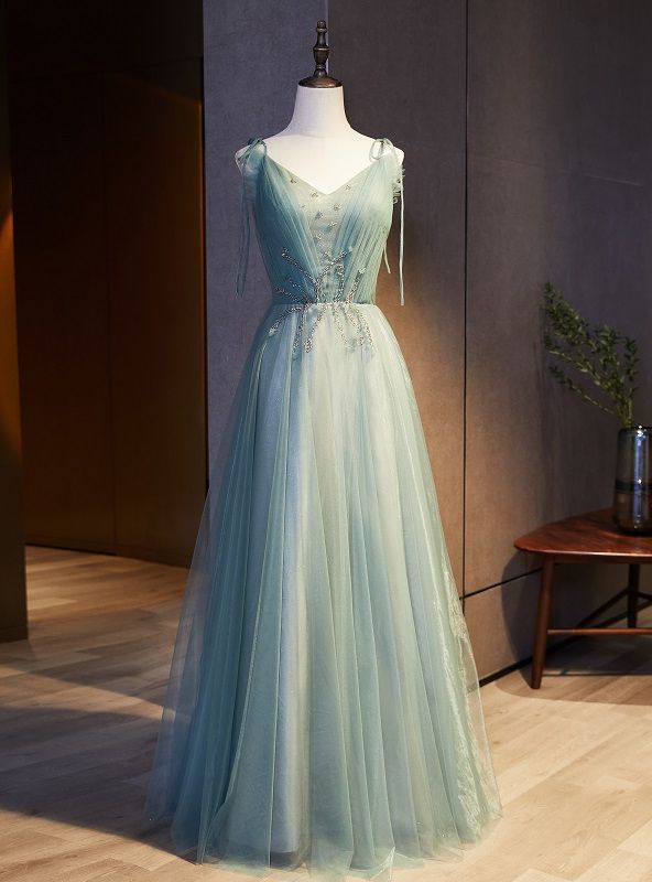 Elegant A-line V-Neck Green Long Evening Dress Tulle Prom Dress MD277