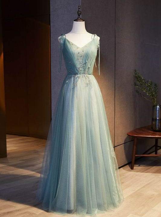 Elegant A-line V-Neck Green Long Evening Dress Tulle Prom Dress MD277