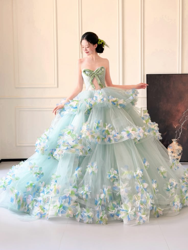 Elegant Ball Gown 3D fabric flower Sweetheart Green Long Evening Dress Tulle Prom Dress MD278
