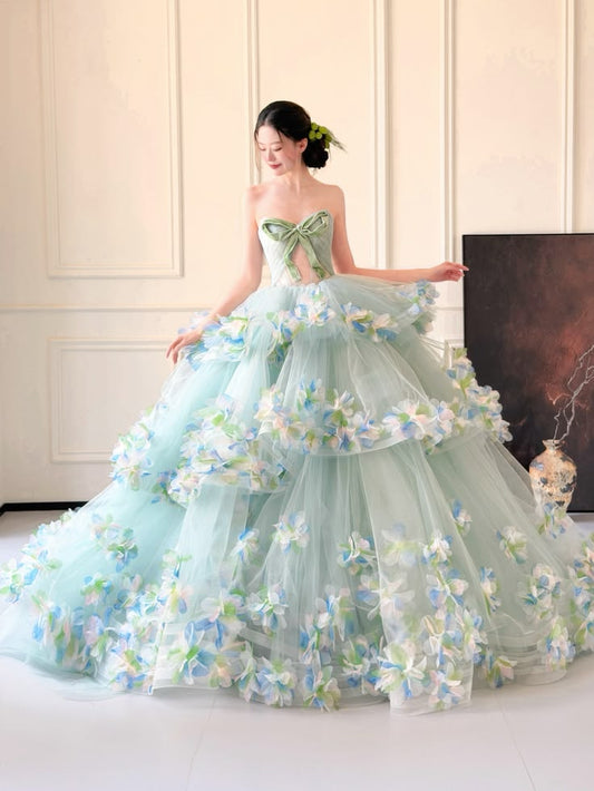 Elegant Ball Gown 3D fabric flower Sweetheart Green Long Evening Dress Tulle Prom Dress MD278