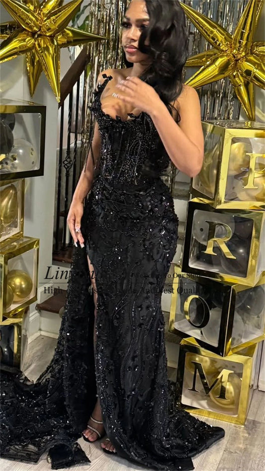 Elegant Sheath V-Neck Black Long Evening Dress Beaded High Slit Prom Dress MD279