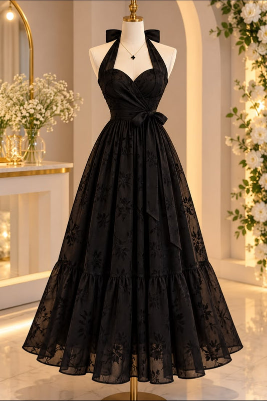 Elegant A-line Halter Neck Black Long Evening Dress Lace Prom Dress MD280