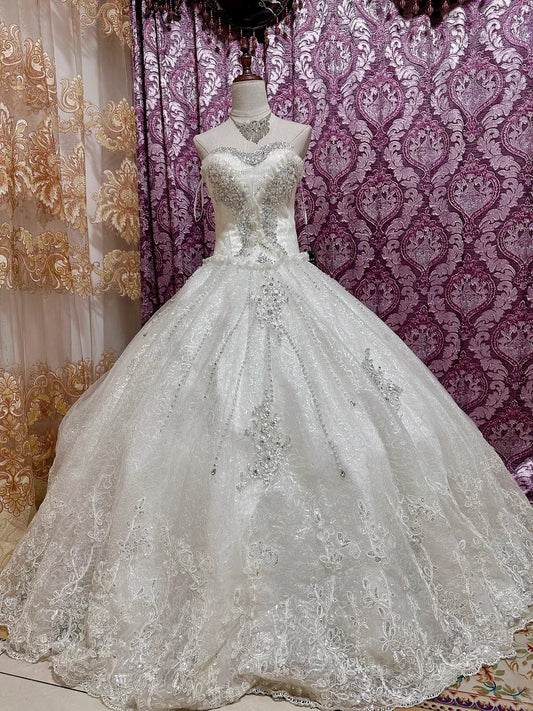 Elegant Ball Gown Sweetheart Long Wedding Dress Beaded Lace White Prom Dress MD283