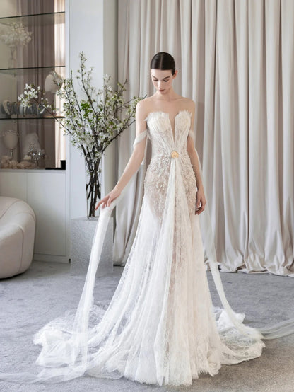 Elegant Sheath Sweetheart Long Wedding Dress Lace White Prom Dress MD285