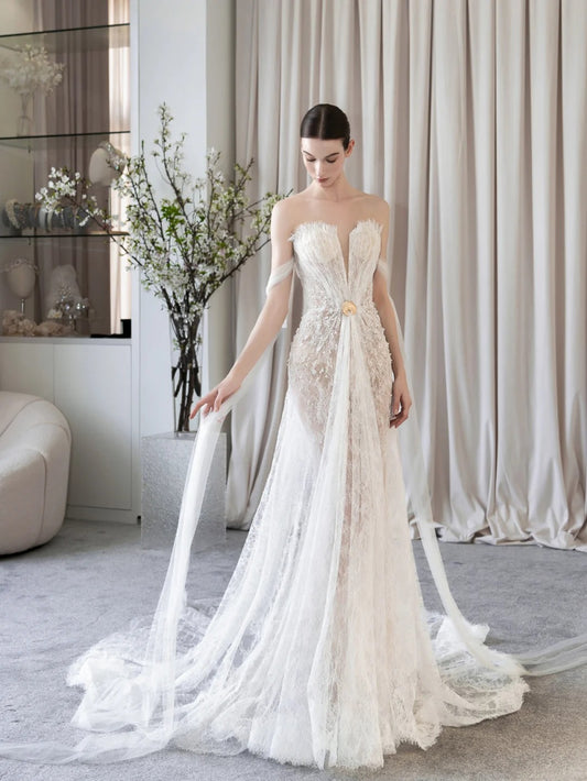Elegant Sheath Sweetheart Long Wedding Dress Lace White Prom Dress MD285