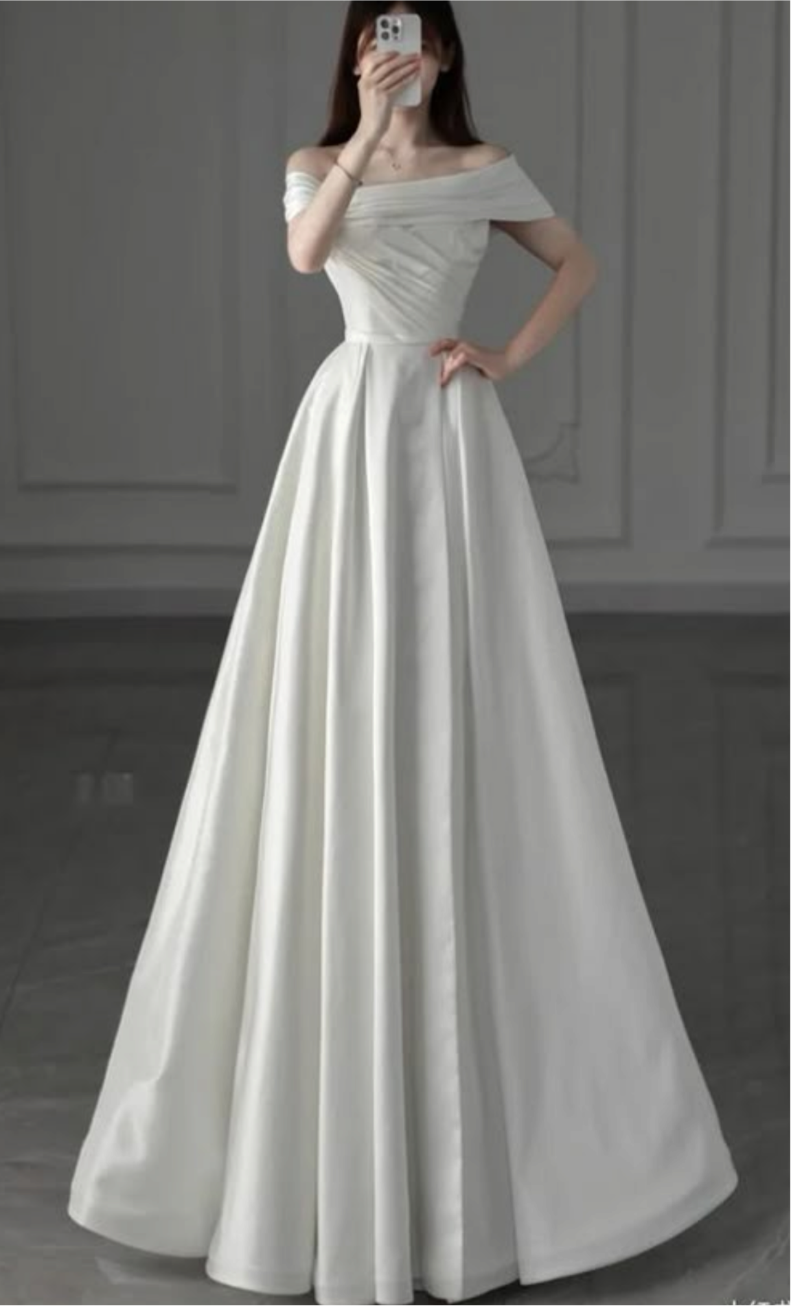 Elegant A-line Off-the-Shoulder Long Wedding Dress Satin White Prom Dress MD287