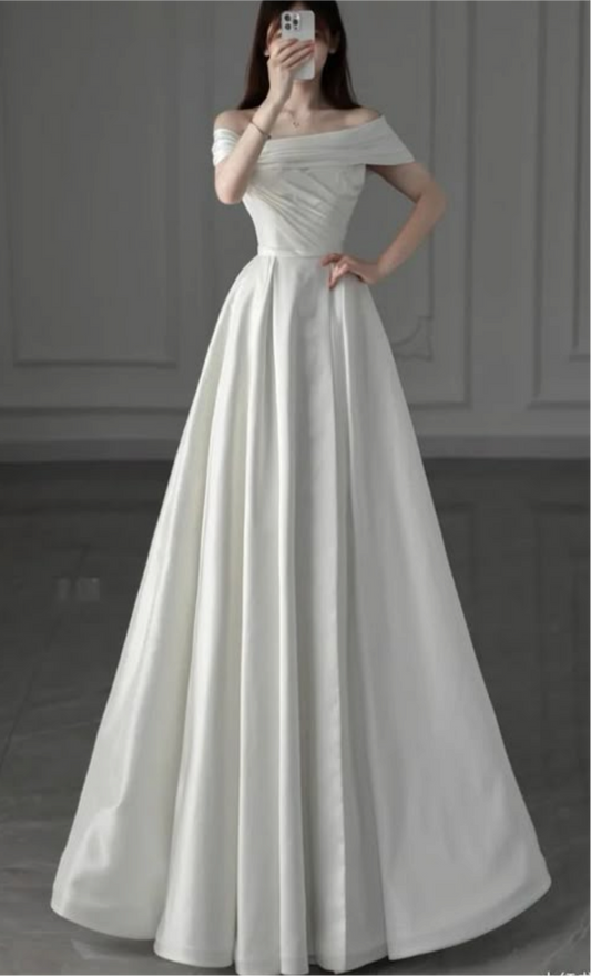 Elegant A-line Off-the-Shoulder Long Wedding Dress Satin White Prom Dress MD287