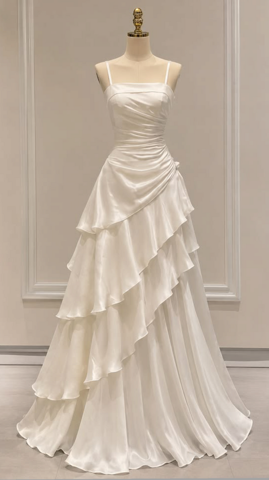 Elegant A-line Spaghetti Straps Long Wedding Dress Ruffled Satin White Prom Dress MD289