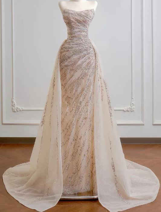 Elegant A-line Off-the-Shoulder Champagne Long Evening Dress Beaded Tulle Prom Dress MD290