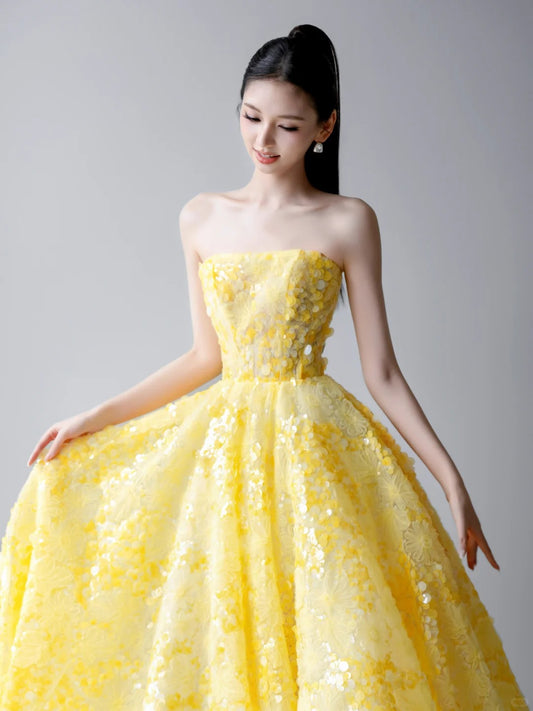 Energetic A-line Off-the-Shoulder Yellow Long Evening Dress Sequins Tulle Prom Dress MD294