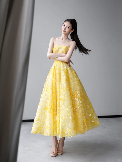 Energetic A-line Off-the-Shoulder Yellow Long Evening Dress Sequins Tulle Prom Dress MD294