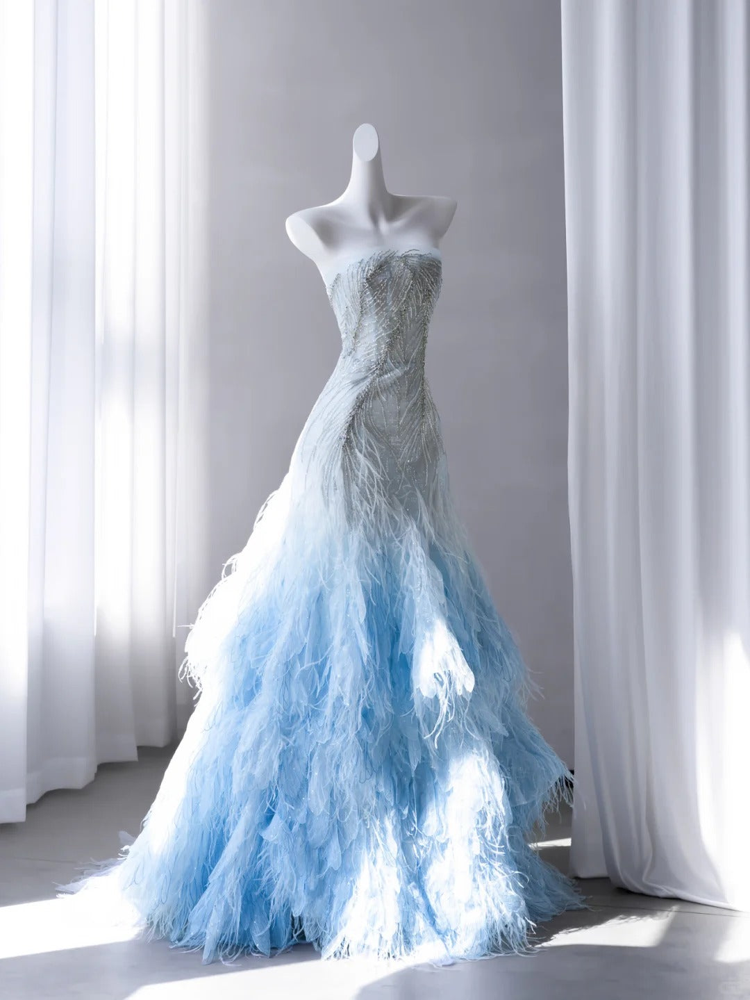 Dreamy Mermaid Off-the-Shoulder Blue Long Evening Dress Beaded Tulle Prom Dress MD295
