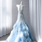 Dreamy Mermaid Off-the-Shoulder Blue Long Evening Dress Beaded Tulle Prom Dress MD295