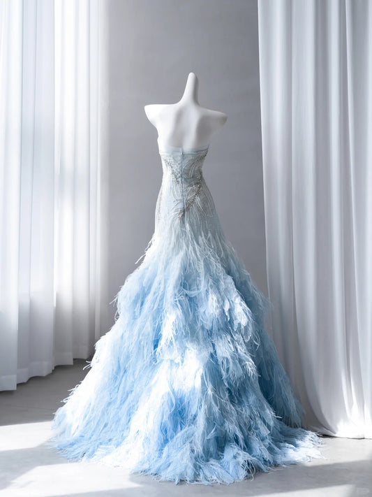 Dreamy Mermaid Off-the-Shoulder Blue Long Evening Dress Beaded Tulle Prom Dress MD295