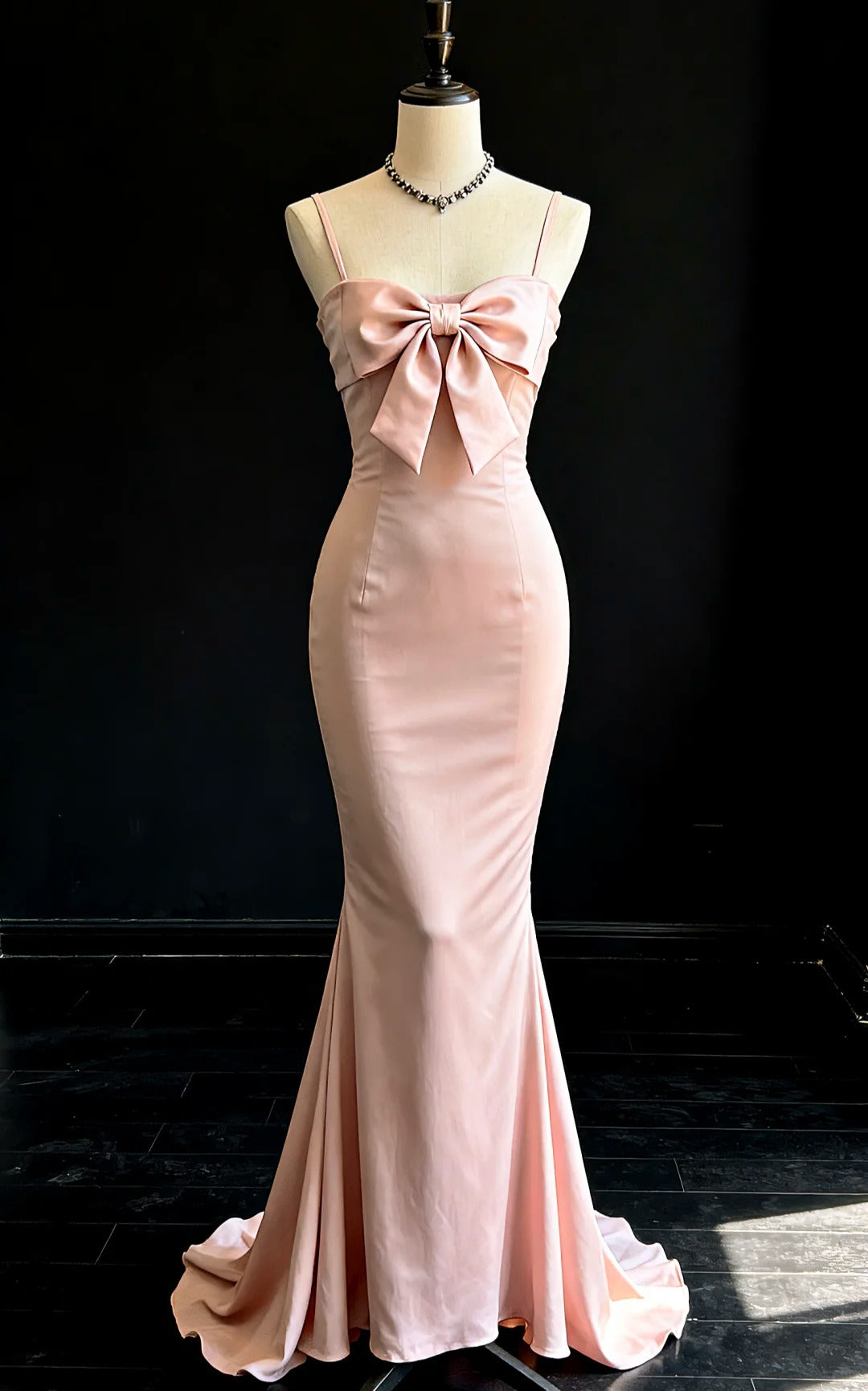 Elegant Mermaid Spaghetti Straps Pink Long Evening Dress Satin Prom Dress MD296
