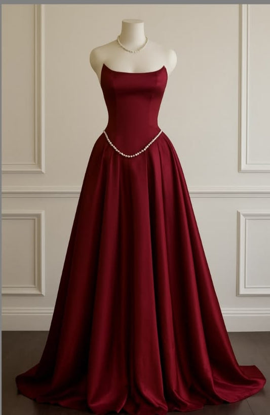 Elegant A-line Off-the-Shoulder Red Long Evening Dress Satin Prom Dress with Beaded MD301