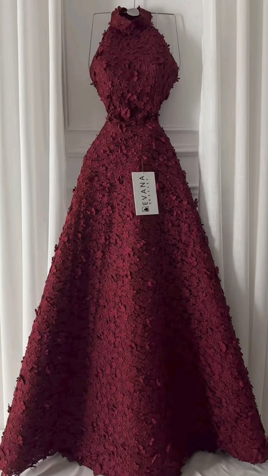Beautiful A-line Halter Neck Red Long Evening Dress 3D floral appliqué Satin Prom Dress MD302