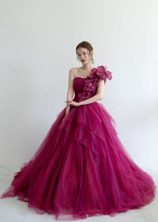 Beautiful A-line Asymmertical Neck Red Long Evening Dress 3D floral appliqué Tulle Prom Dress MD303