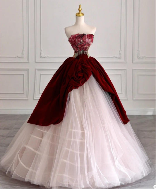 Dreamy Ball Gown Off-the-Shoulder Red Long Evening Dress Tulle Prom Dress MD305