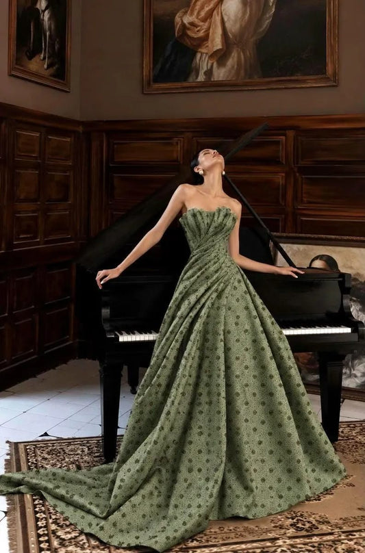 Dreamy A-line Off-the-Shoulder Green Floral Print Long Evening Dress Satin Prom Dress MD308