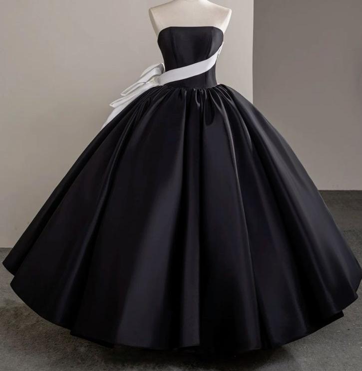 Elegant Ball Gown Off-the-Shoulder Black Long Evening Dress Satin Prom Dress MD309