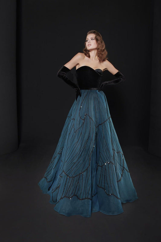 Elegant A-line Sweetheart Blue Long Evening Dress Beaded Tulle Prom Dress MD311