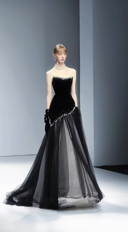 Elegant A-line Off-the-Shoulder Black Long Evening Dress Tulle Prom Dress MD312