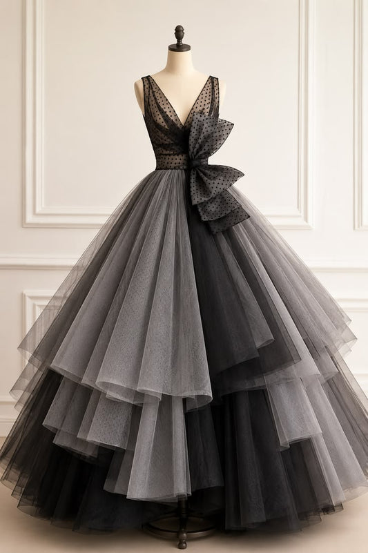 Elegant A-line V Neck Black Long Evening Dress Pleated Tulle Prom Dress MD313