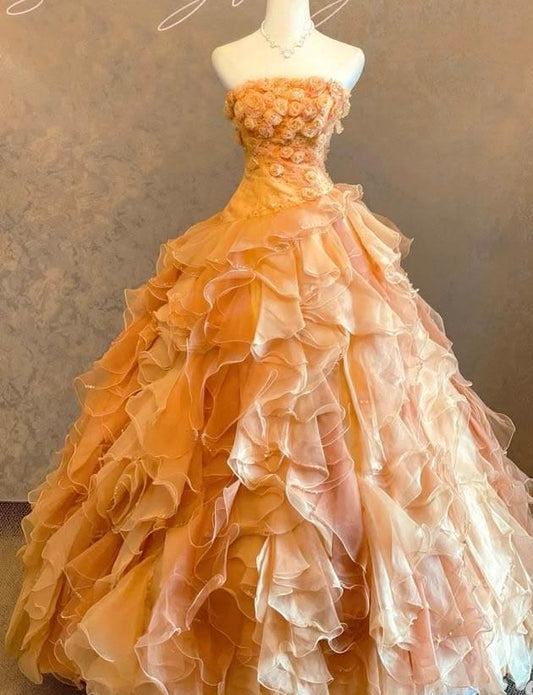 Ethereal Ball Gown Off-the-Shoulder Orange Long Evening Dress Ruffled Tulle Prom Dress MD315