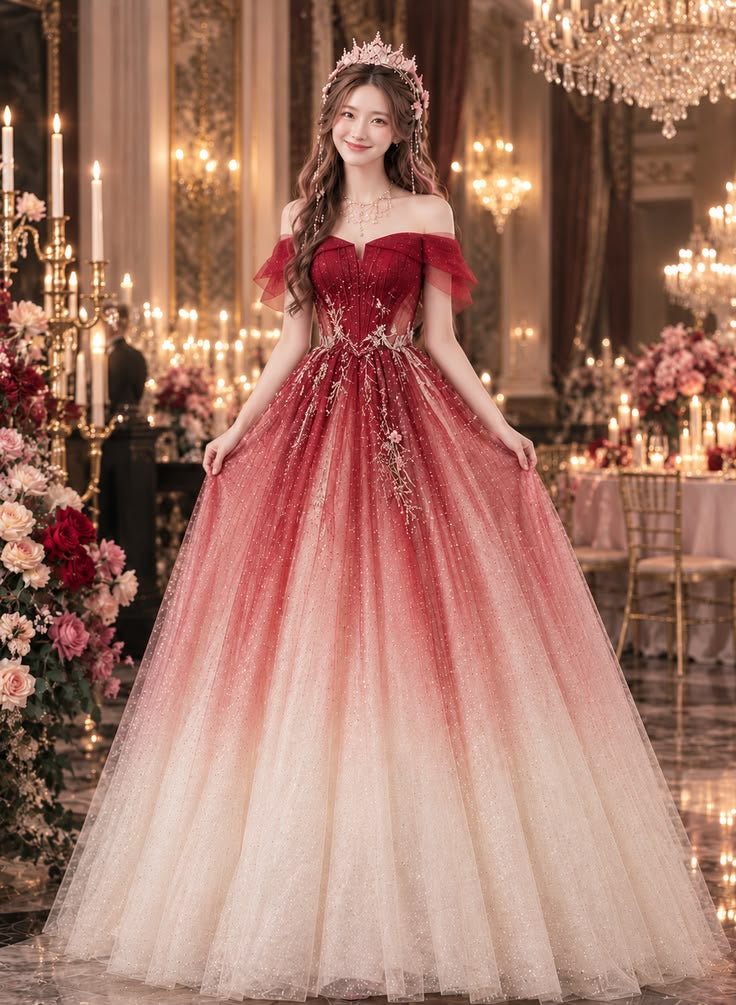 Ethereal A-line Off-the-Shoulder Gradient Red Long Evening Dress Tulle Prom Dress MD317