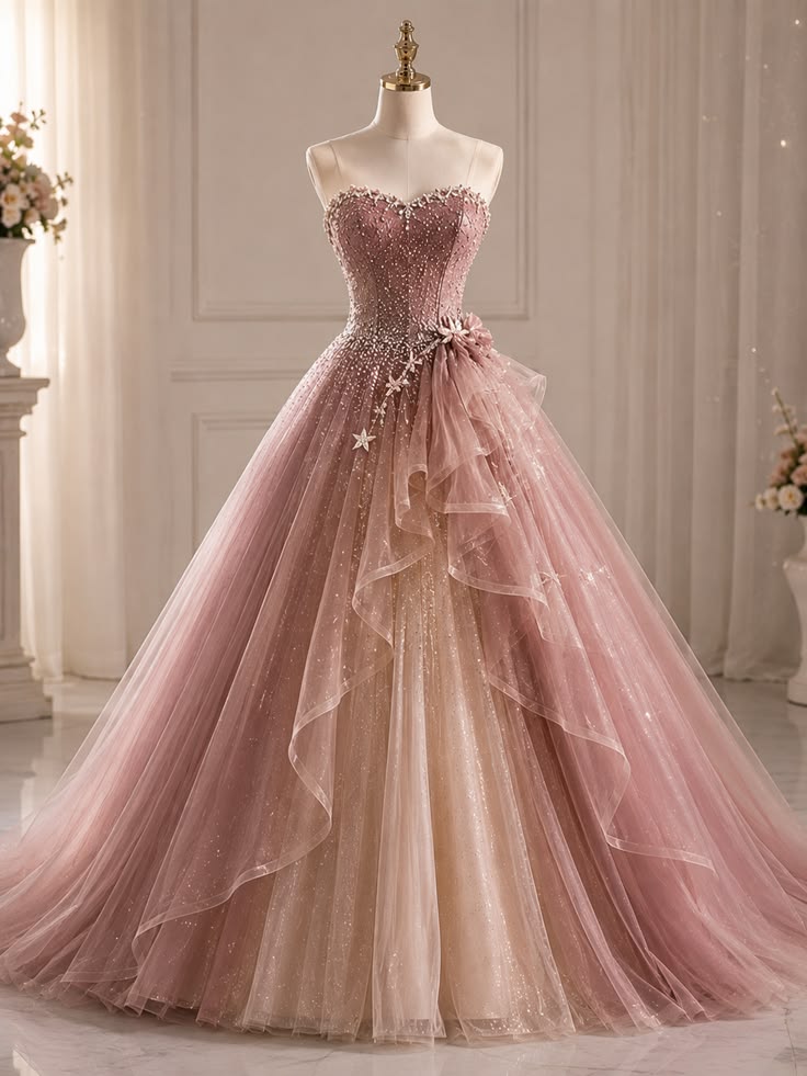 Ethereal A-line Sweetheart Beaded Pink Long Evening Dress Ruffled Mesh Prom Dress MD318