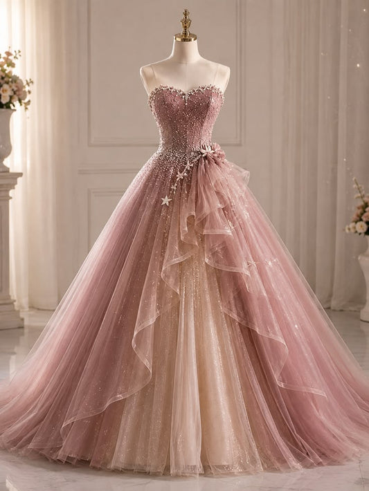 Ethereal A-line Sweetheart Beaded Pink Long Evening Dress Ruffled Mesh Prom Dress MD318