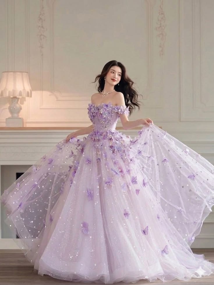 Ethereal A-line Off-the-Shoulder Purple Long Evening Dress 3D Appliqué Flowers Tulle Prom Dress MD319