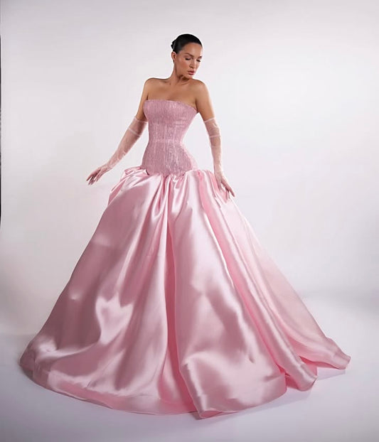 Ethereal Sheath Off-the-Shoulder Pink Long Evening Dress Satin Prom Dress MD320