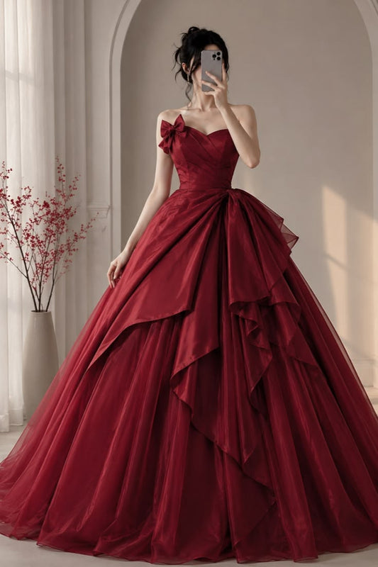 Elegant Ball Gown Sweetheart Red Long Evening Dress Satin Prom Dress MD321