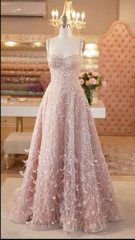 Elegant A-line Spaghetti Straps Pink Long Evening Dress Cascade Mesh Prom Dress MD323