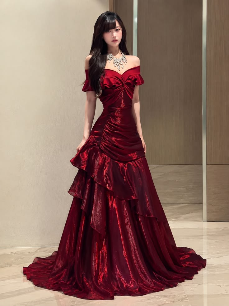 Elegant Sheath Off-the-Shoulder Red Long Evening Dress Ruffled Satin Prom Dress MD325
