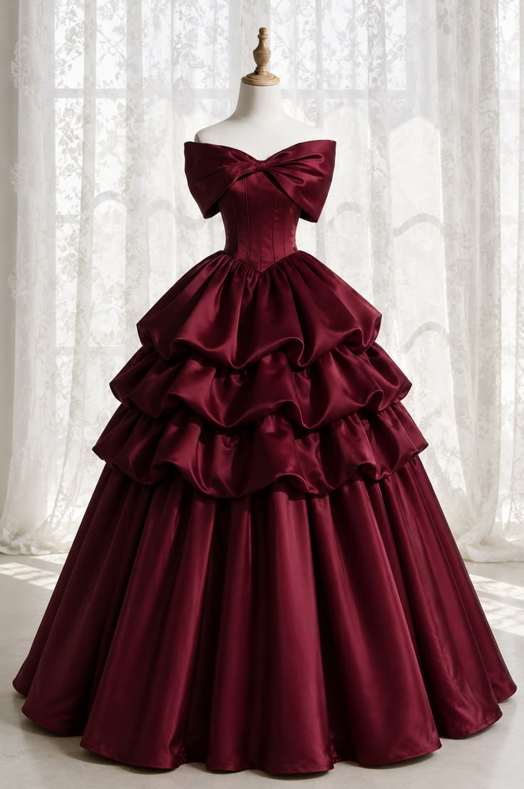 Elegant A-line Off-the-Shoulder Red Long Evening Dress Ruffled Satin Prom Dress MD326
