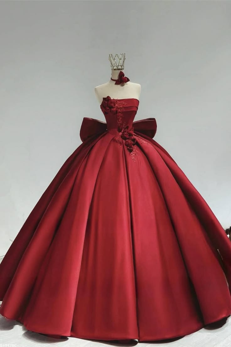 Elegant Ball Gown Off-the-Shoulder Red Long Evening Dress 3D Appliqué Flowers Satin Prom Dress MD327
