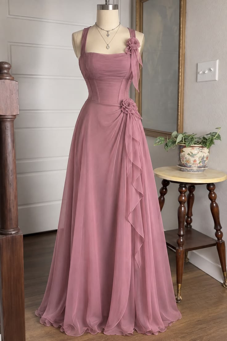 Elegant A-line Square Pink Long Evening Dress Chiffon Prom Dress MD331