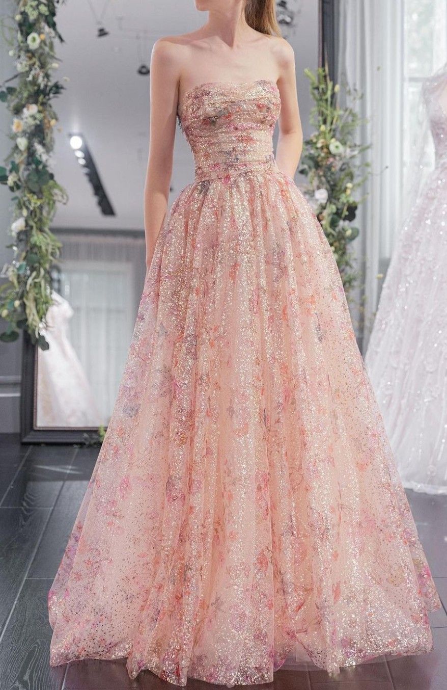 Elegant A-line Sweetheart Long Evening Dress Print Mesh Prom Dress MD332