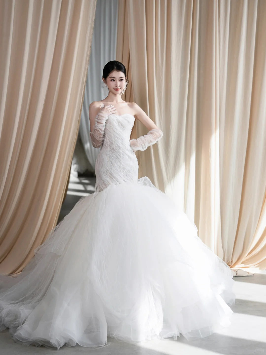 Elegant Mermaid Sweetheat Long Wedding Dress Tulle White Prom Dress MD336