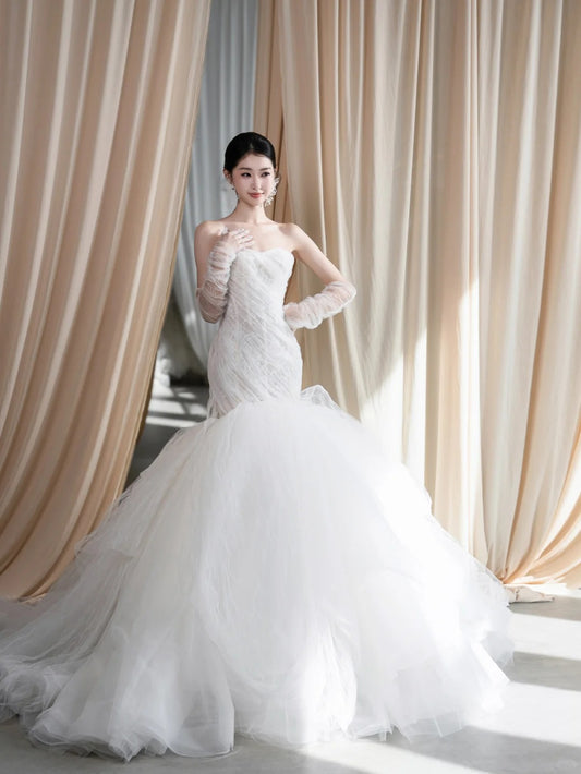 Elegant Mermaid Sweetheat Long Wedding Dress Tulle White Prom Dress MD336