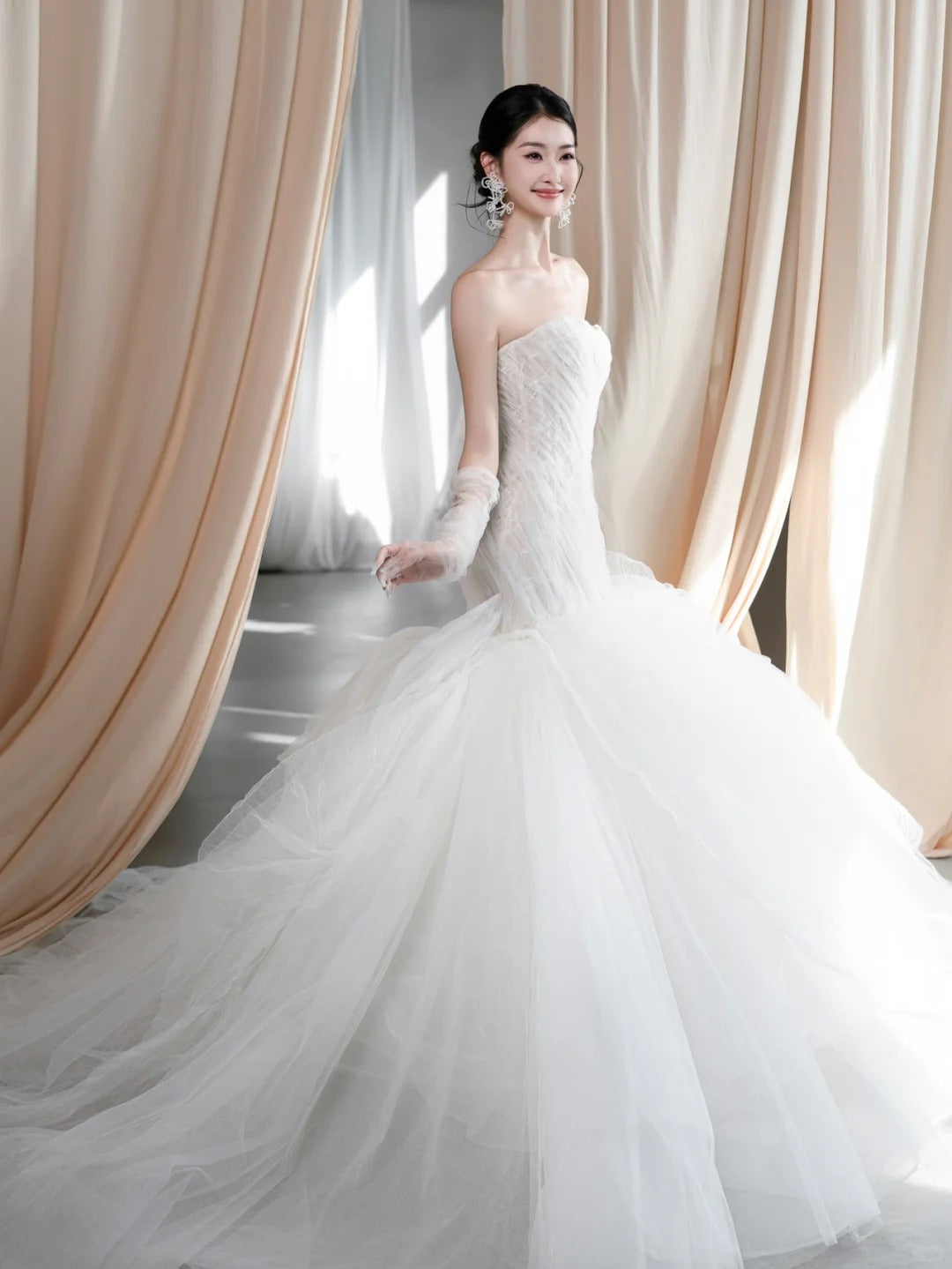 Elegant Mermaid Sweetheat Long Wedding Dress Tulle White Prom Dress MD336